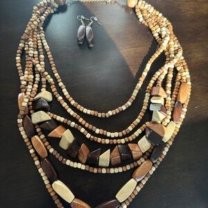 Layered wooden beaded necklace and earrings